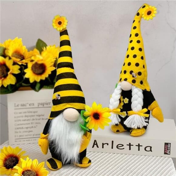 Spring & Summer Gnome Set – 2PCS Sunflower & Bee Plush Decorations, 15” & 14” - Picture 6 of 7